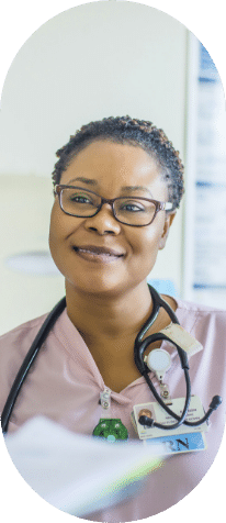 A healthcare worker in scrubs